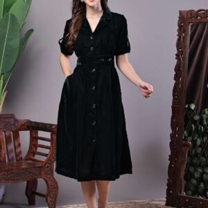 Women's Black Velvet Solid Printed Shirt Midi Dress with Belt