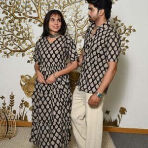 Couple Matching Black & Beige Cotton Anarkali Midi Dress and Shirt Set ? Leaf Print Twinning Outfit