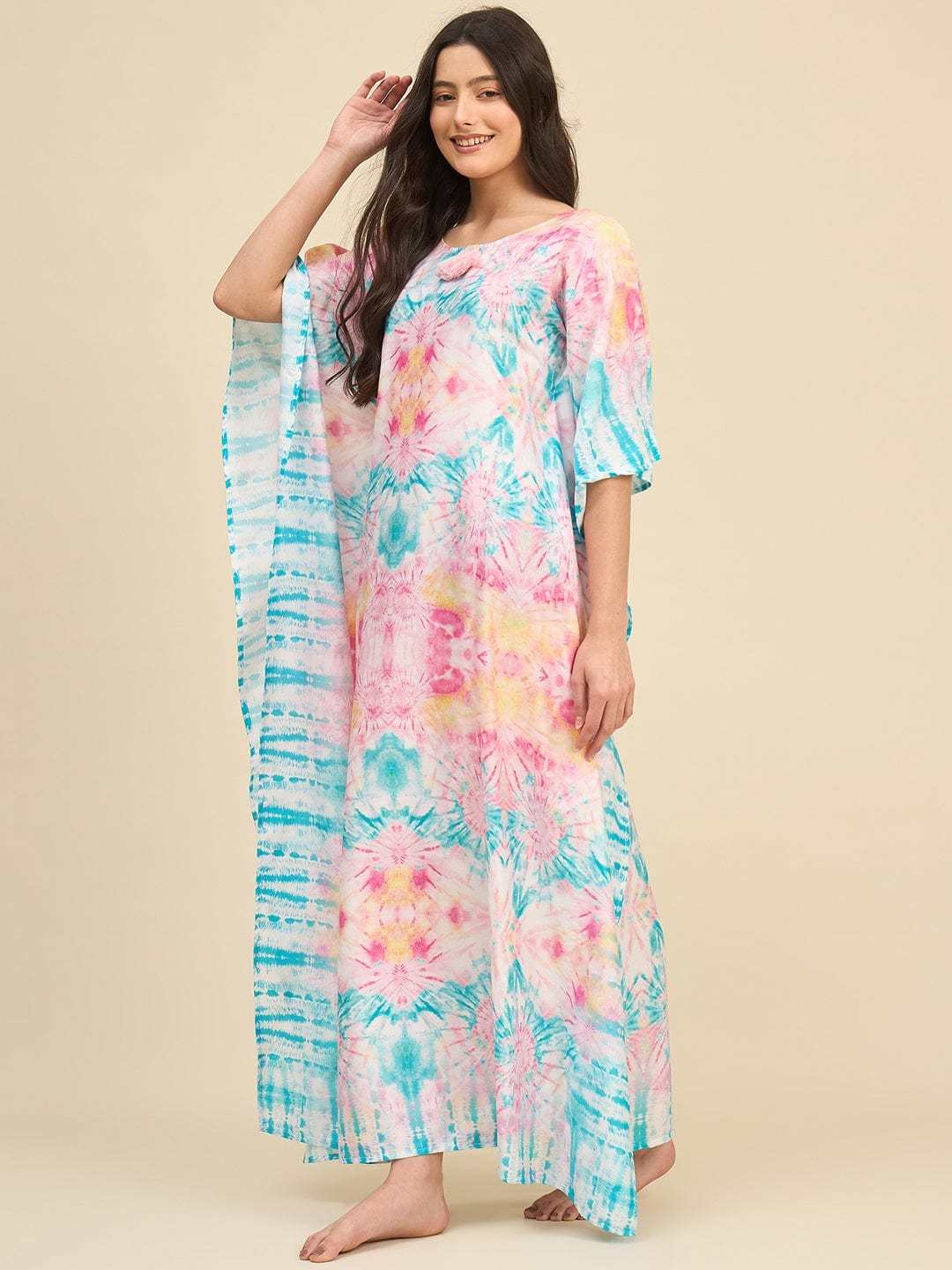 Women's Cotton Tie Dye Print Flowing Bell Sleeves Full Length Kaftan Drees Casual Beach Wear ( Multicolor1 )