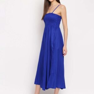 Women's Viscose Rayon Solid Shoulder Straps Sleeveless Flared Gown Drees (Royal Blue)