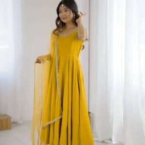 Womens Pure Romansilk Chanderi Anarkali Kurti with Pant & Dupatta Set